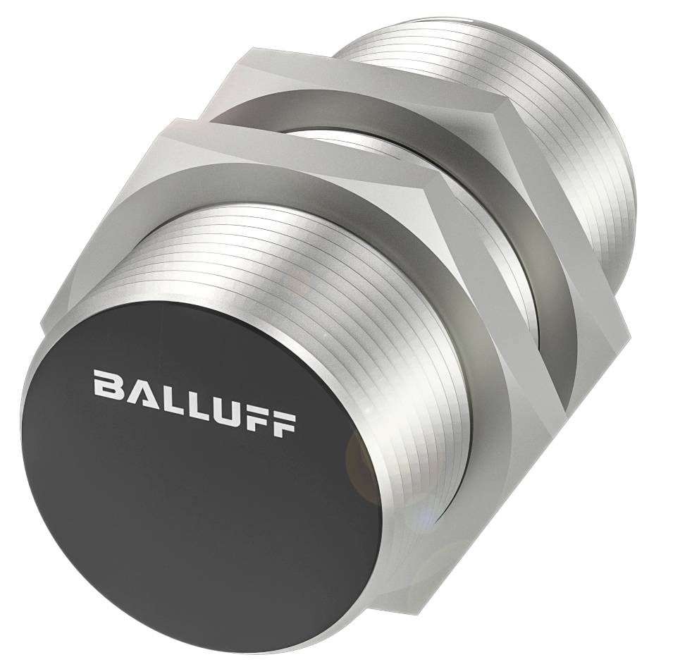 Induktiver Sensor von Balluff in zylindrischer Form, silbern mit schwarzer Oberfläche, geeignet für berührungslose Positionsmessung.