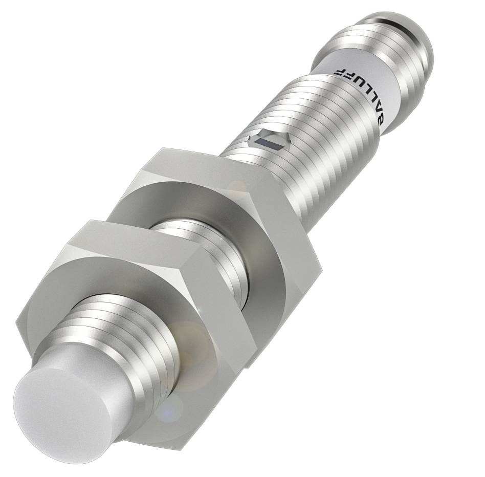 Ein zylindrischer Sensor von Balluff mit Gewinde und Muttern, erkennbar an einer runden, flachen Spitze. Anwendung: industrielle Automation.