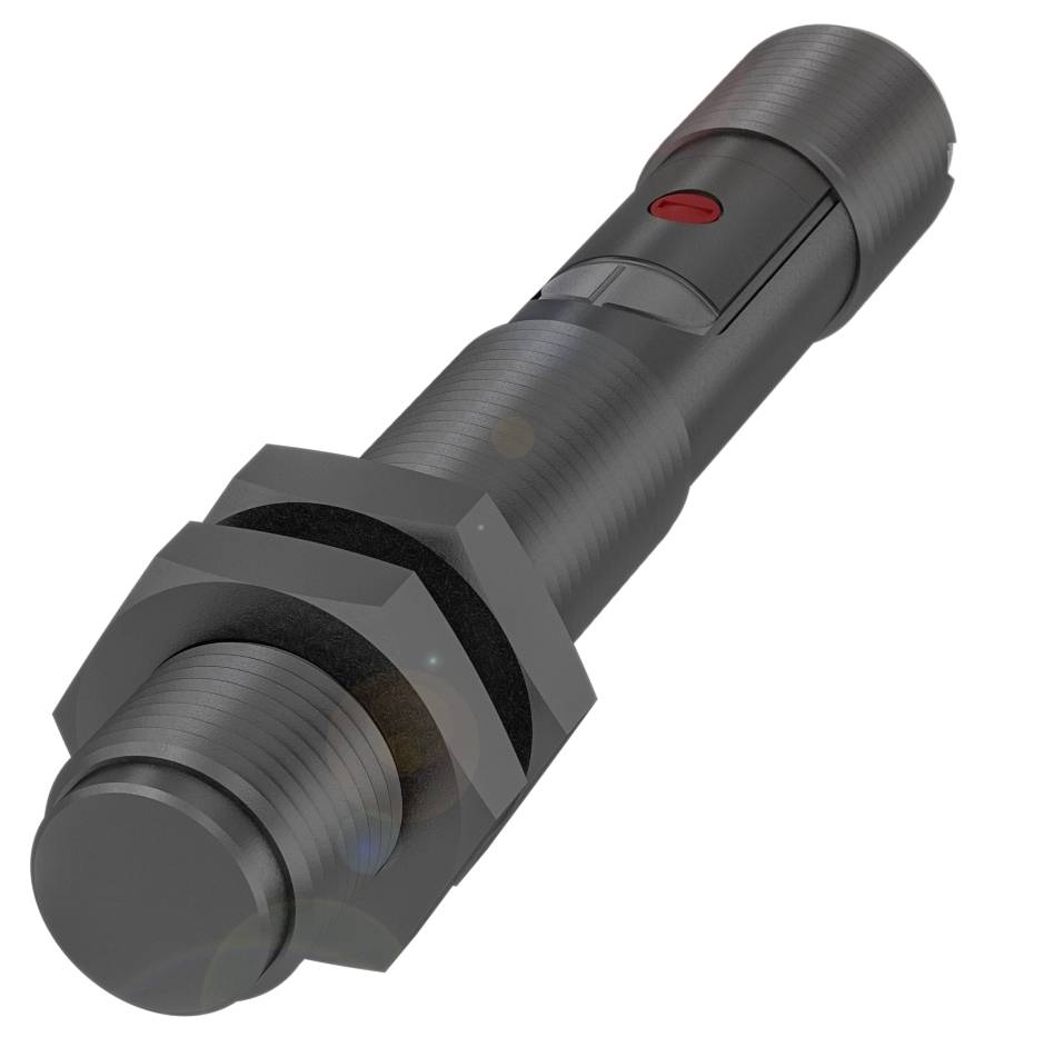 Ein zylindrischer Sensor mit Gewinde und einer roten Anzeigeleuchte, geeignet für industrielle Anwendungen zur Objekterkennung.