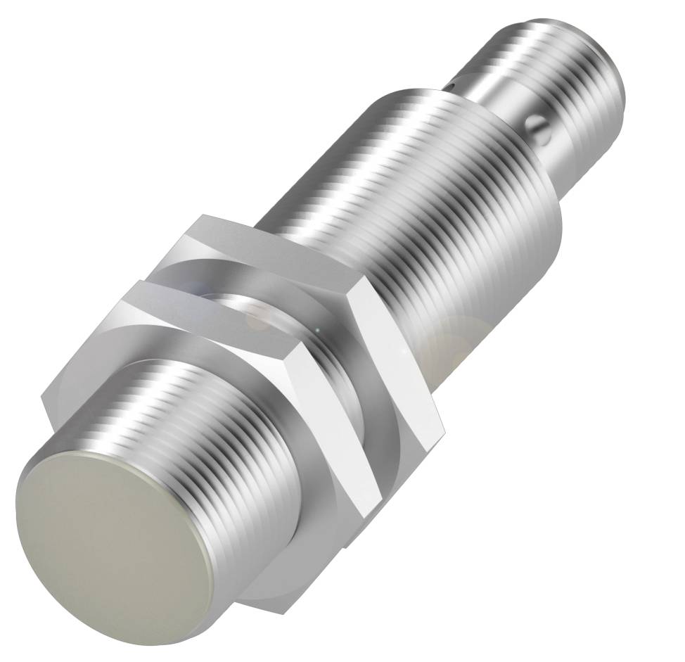 Ein zylindrischer, metallischer Näherungssensor mit Gewinde und Sechskantmutter. Er dient zur Erfassung von Objekten ohne direkten Kontakt.
