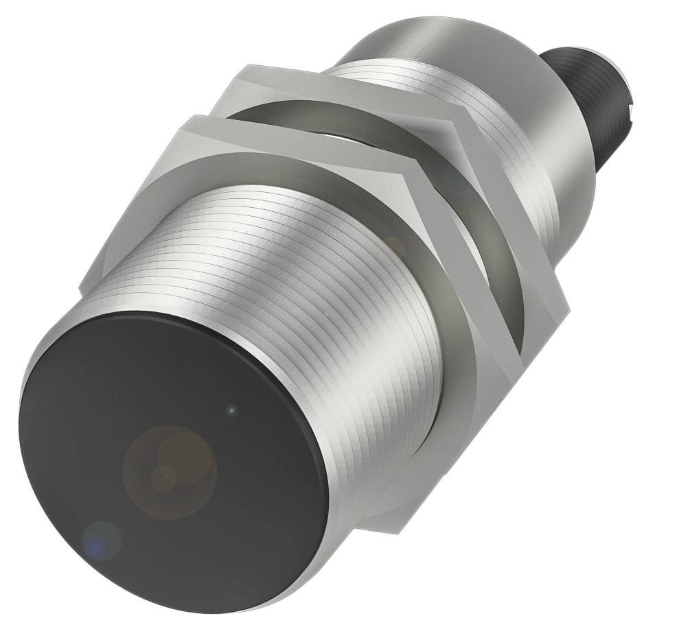 Silberner, zylindrischer Sensor mit schwarzer, flacher Vorderseite und Gewinde, geeignet für industrielle Anwendungen.