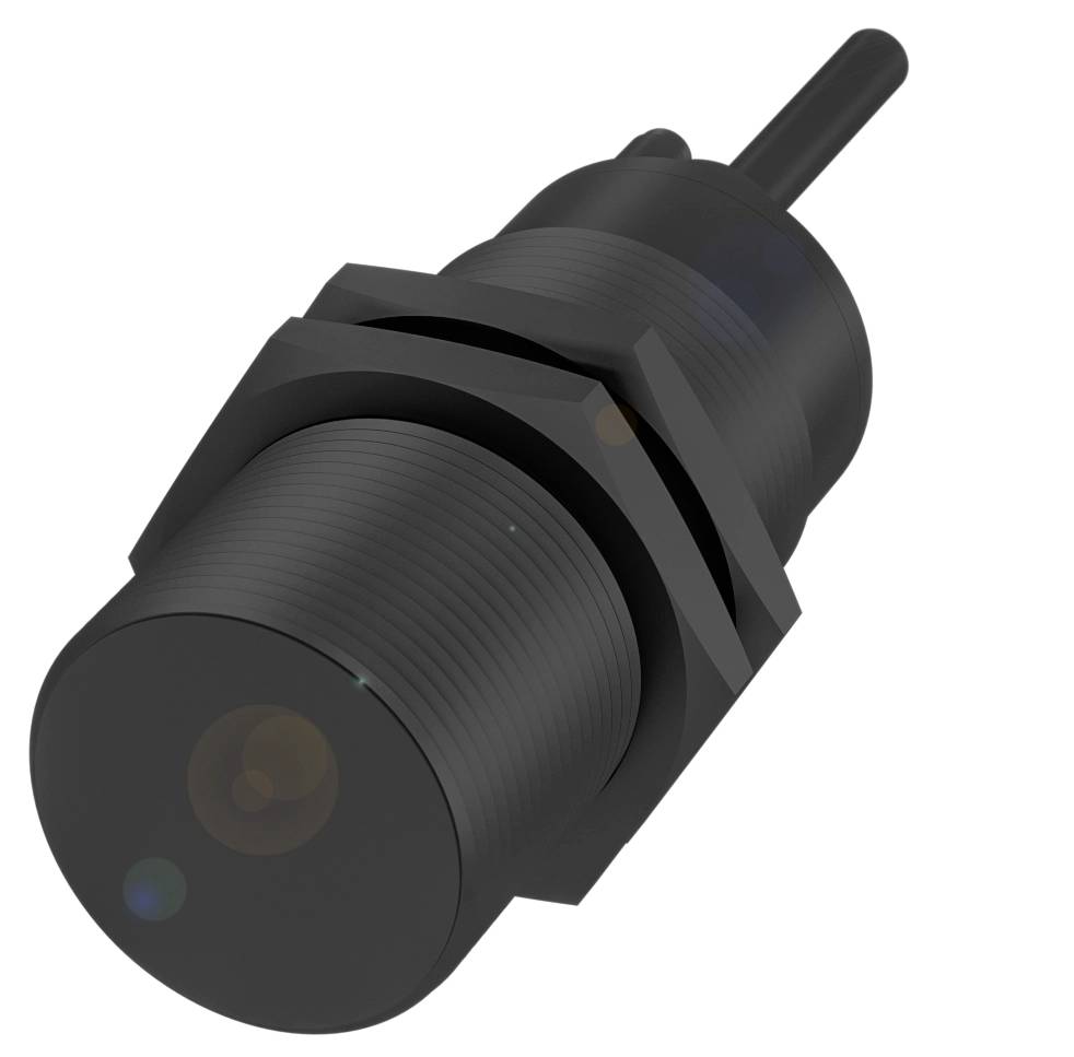 Ein zylindrischer schwarzer Sensor mit Gewinde, einer runden Vorderseite und einem Kabel an der Rückseite. Ideal für industrielle Anwendungen.