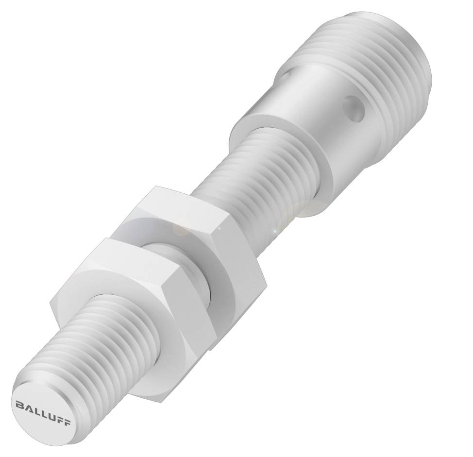 Ein zylindrischer, metallischer Induktionssensor mit Gewinde und Mutter, verwendet zur Positionserkennung in Industrieumgebungen.