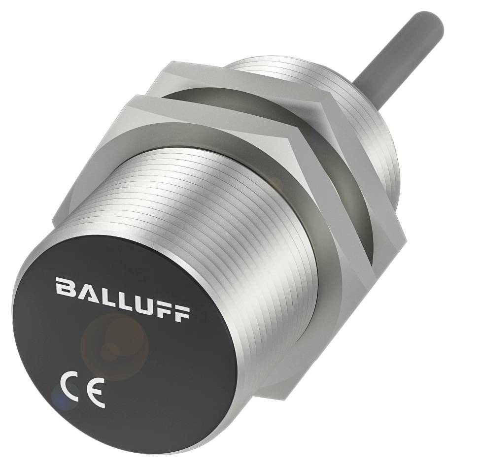 Induktiver Näherungsschalter in zylindrischer Form mit metallischem Gewinde, markiert mit 'BALLUFF' und 'CE'. Geeignet für positionsabhängige Anwendungen.