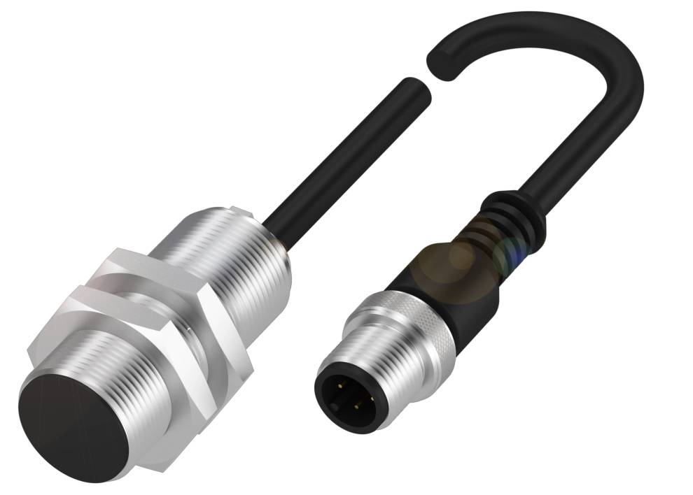 Zwei industrielle, zylindrische Metallstecker mit Kabeln. Der linke Stecker hat ein Gewinde, der rechte ein U-förmiges Kabel.