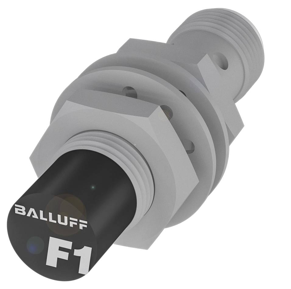 Ein zylindrischer, silberfarbener Sensor mit der Aufschrift 'BALLUFF F1' auf der schwarzen Vorderseite, zeigt technische Details.