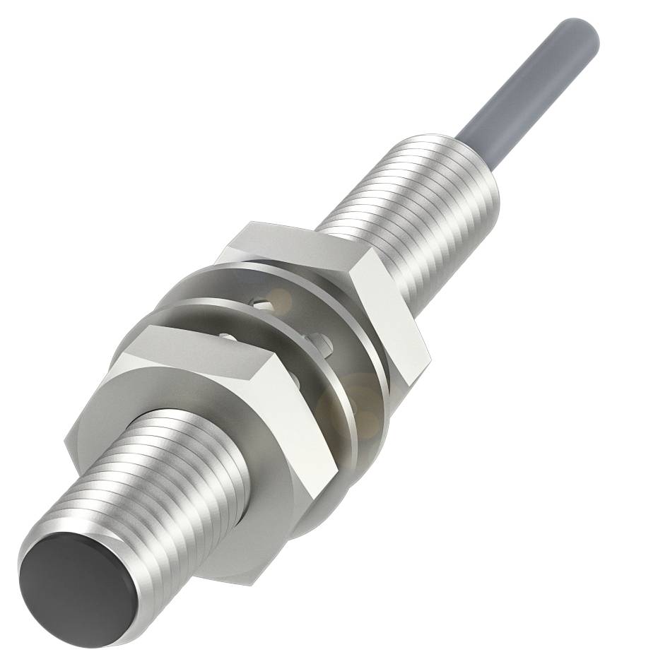 Ein zylindrischer Näherungssensor aus Metall mit Gewinde, Kabel und zwei Muttern zur Befestigung.
