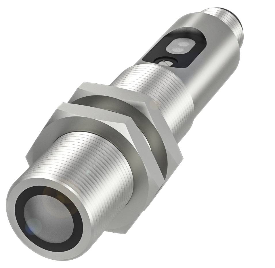 Zylindrischer Ultraschallsensor aus Metall mit geripptem Gehäuse und Kabelanschluss, zur Distanzmessung in industriellen Anwendungen.
