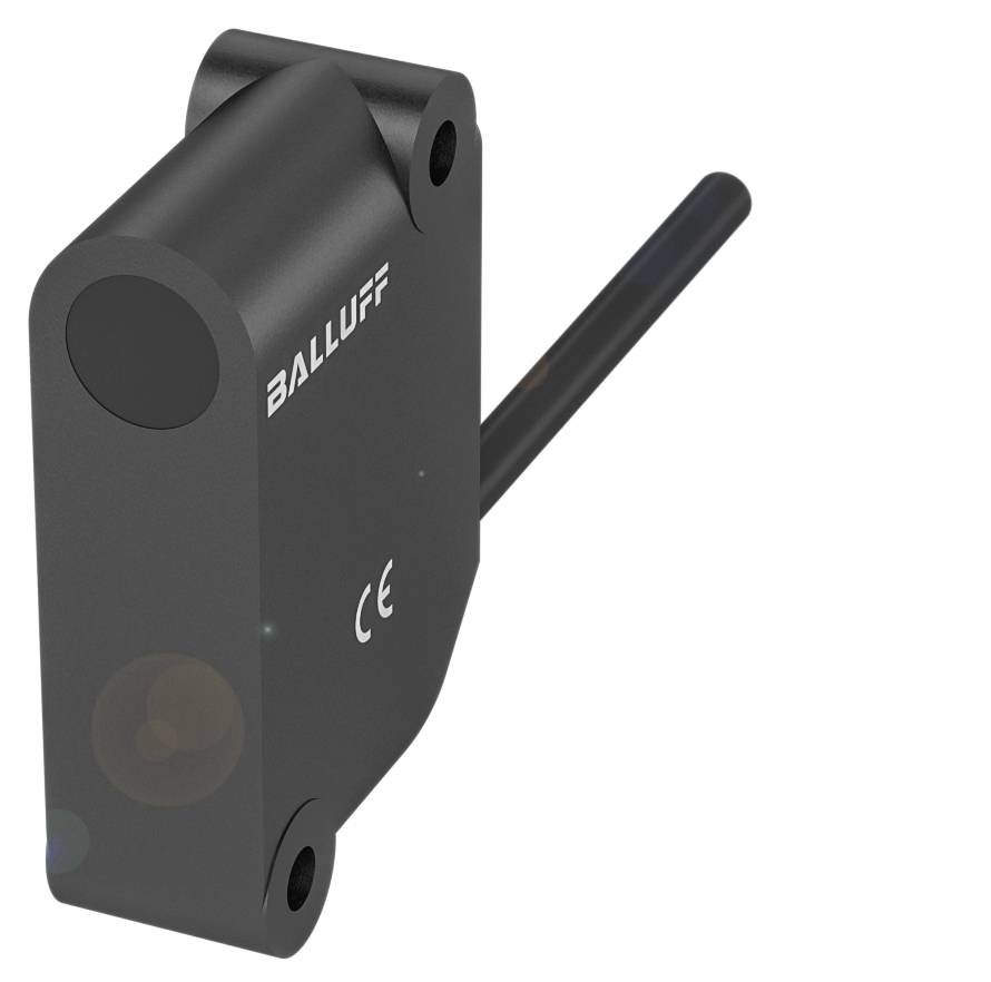 Ein rechteckiger Sensor mit abgerundeten Kanten und der Aufschrift 'Balluff', schwarzes Gehäuse, mit einem Anschlusskabel.