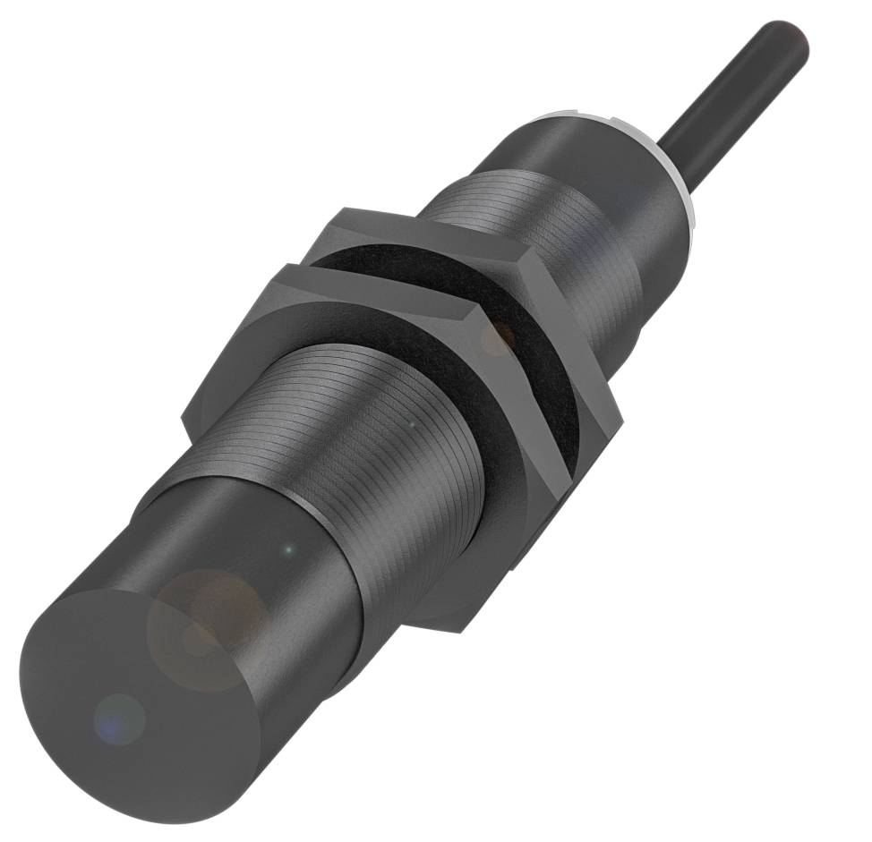 Ein zylindrischer Sensor mit Kabelanschluss. Schwarzes Gehäuse, Gewinde für Befestigung, geeignet für industrielle Anwendungen.