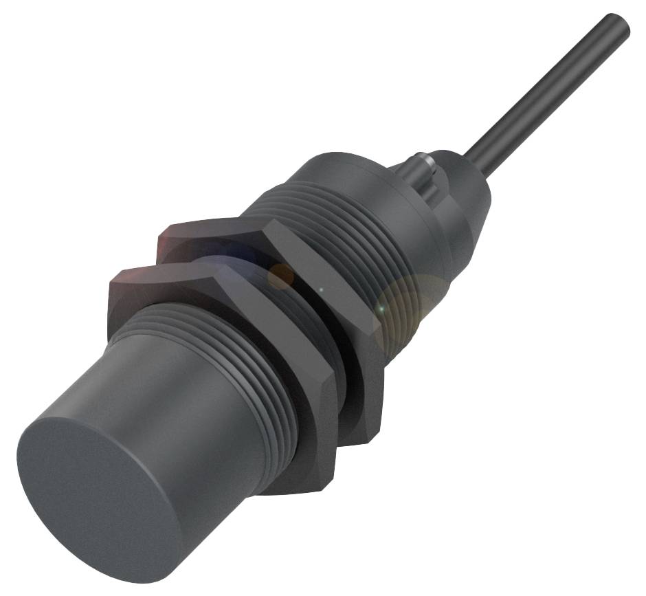 Ein zylindrischer Sensor mit schwarzen Befestigungselementen und Kabel am Ende. Geeignet für industrielle Anwendungen.