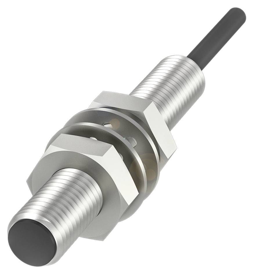 Zylindrischer Näherungssensor aus Metall mit Gewinde und Kabelanschluss. Verwendet zur berührungslosen Erkennung von Objekten.