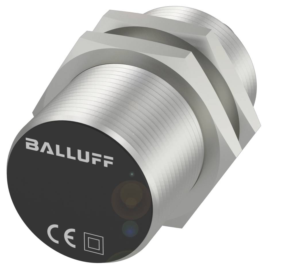 Zylindrischer, metallischer Sensor mit 'BALLUFF'-Logo und CE-Kennzeichnung auf schwarzer Vorderfläche.