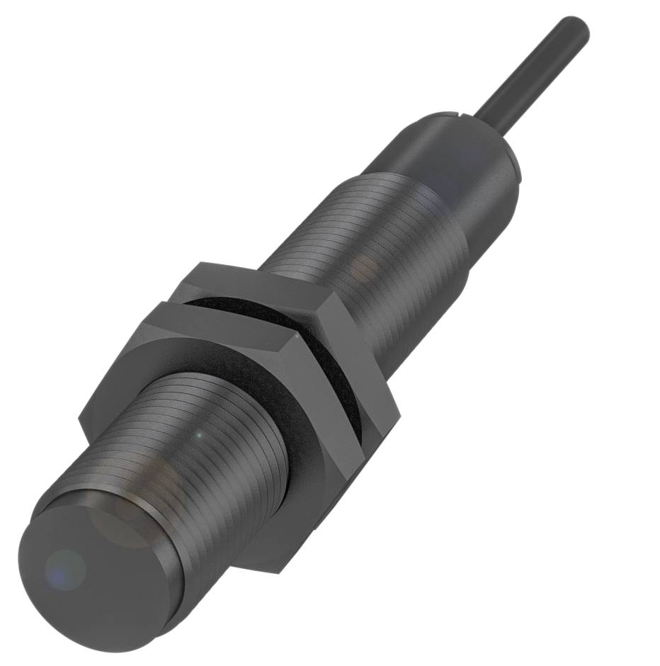 Zylindrischer Sensor mit Gewinde und Kabelanschluss. Eignet sich für industrielle Anwendungen zur Erkennung von Objekten.