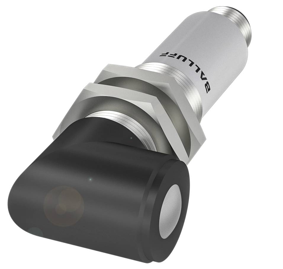 Ein rechteckiger schwarzer Sensor mit silbernem Gewindeanschluss, Markenname 'BALLUFF' erkennbar.