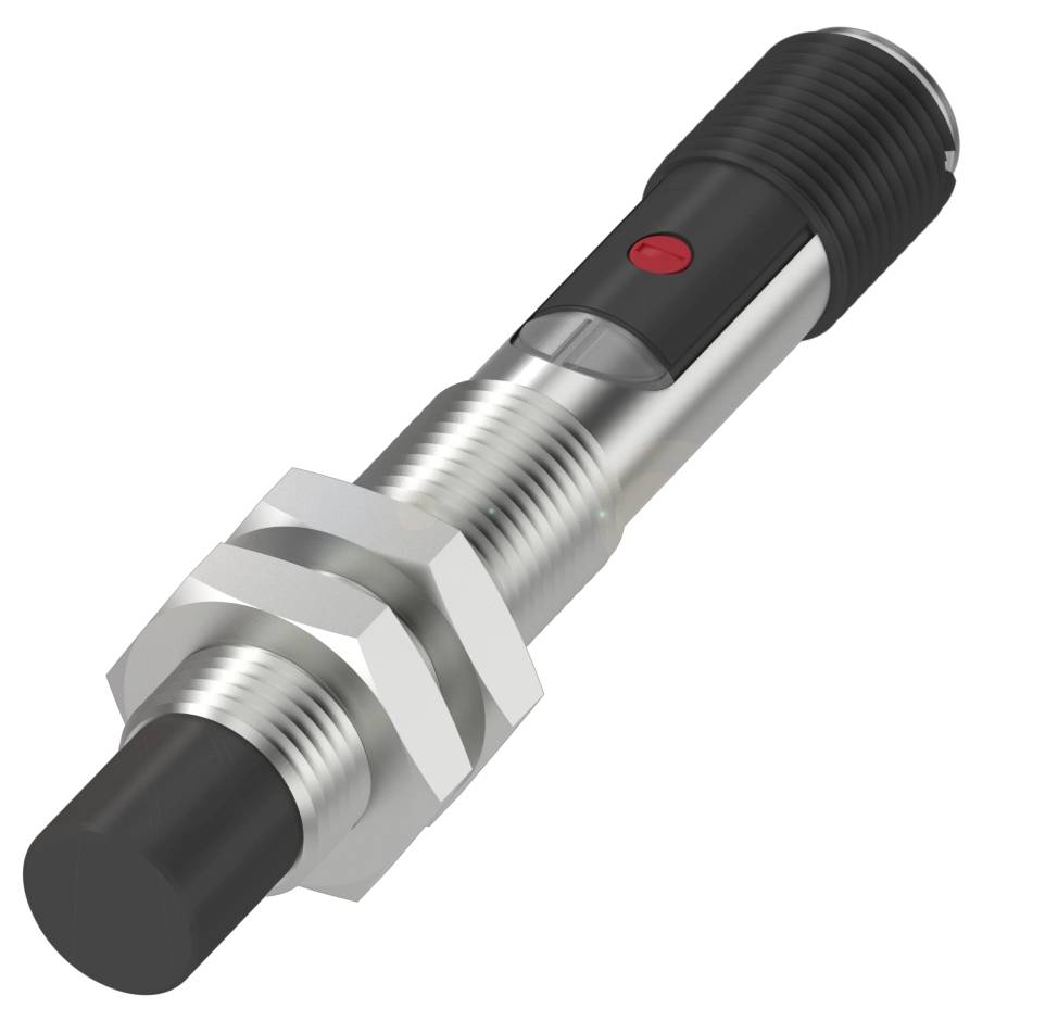 Zylindrischer Induktivsensor mit Metallgewinde und Kunststoffspitze, geeignet für präzise Positionserfassung in industriellen Anwendungen.