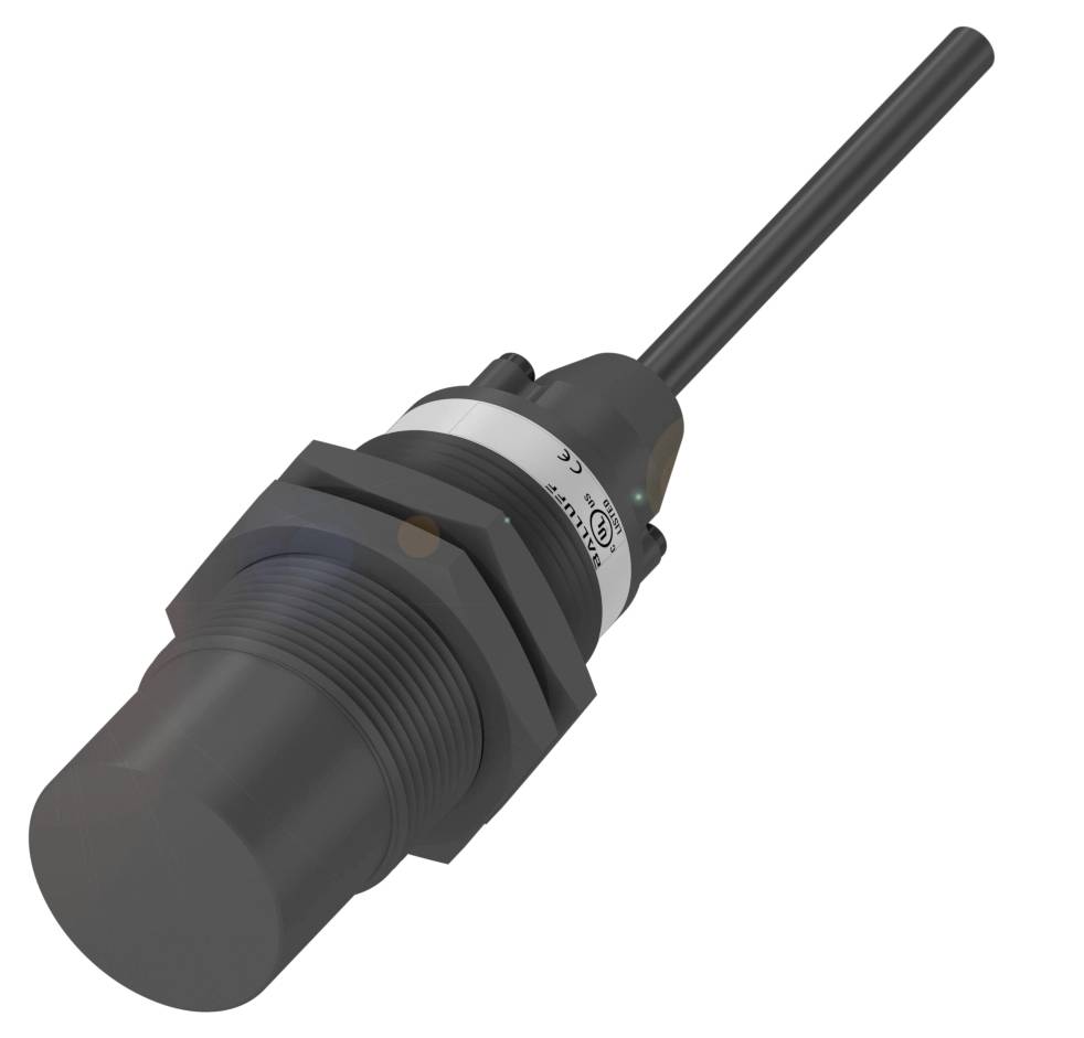 Zylindrischer elektrischer Sensor mit Kabelanschluss und Gewinde zur Befestigung. Verwendet zur Erkennung von Objekten oder Zuständen.