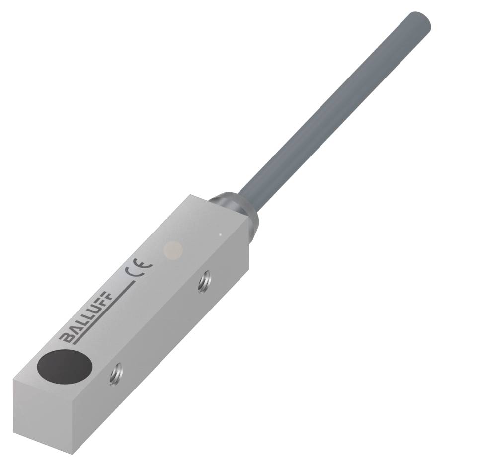 Magnetischer Sensor mit rechteckigem Gehäuse und Kabelanschluss. Markierung 'BALLUFF' und 'CE' auf der Oberfläche.
