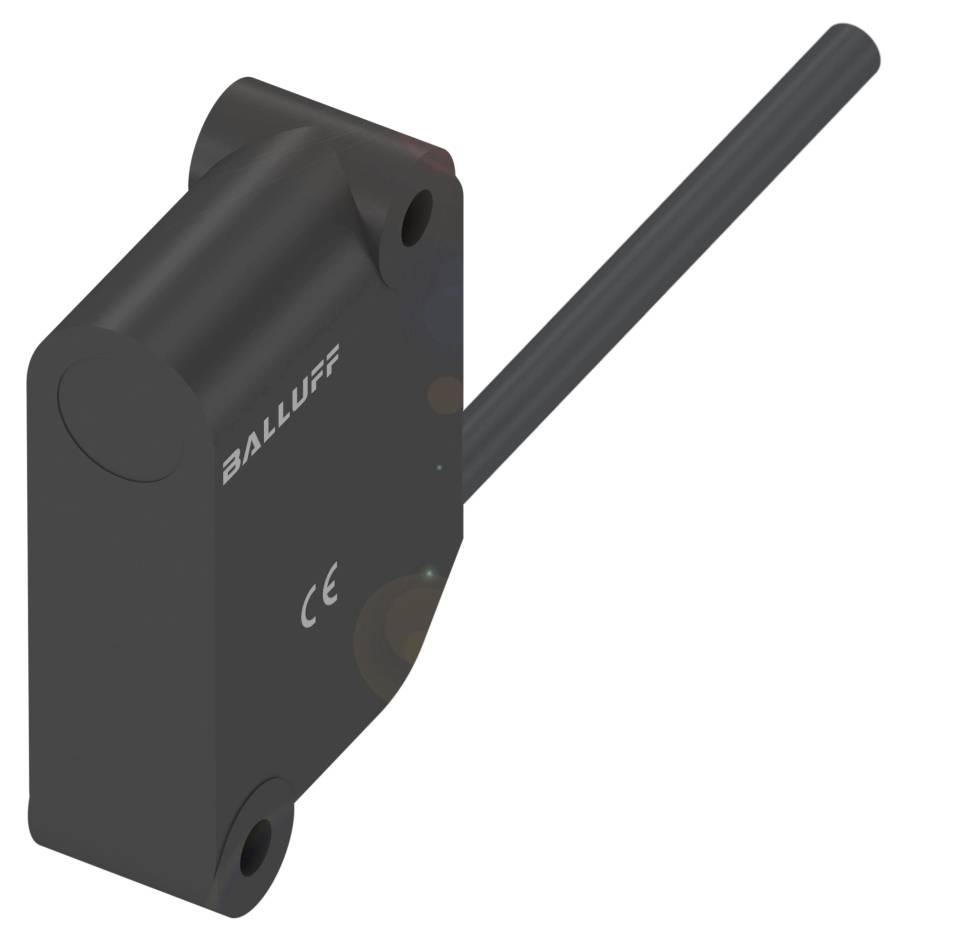 Ein schwarzer, rechteckiger Sensor von Balluff mit einem Kabelanschluss auf der rechten Seite.