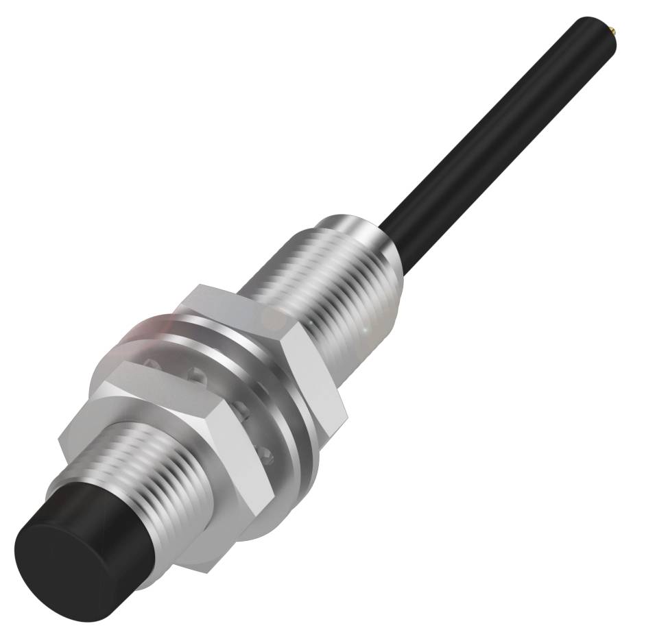 Ein zylindrischer Sensor mit Metallgehäuse und schwarzer Spitze ist mit einem Kabel verbunden.