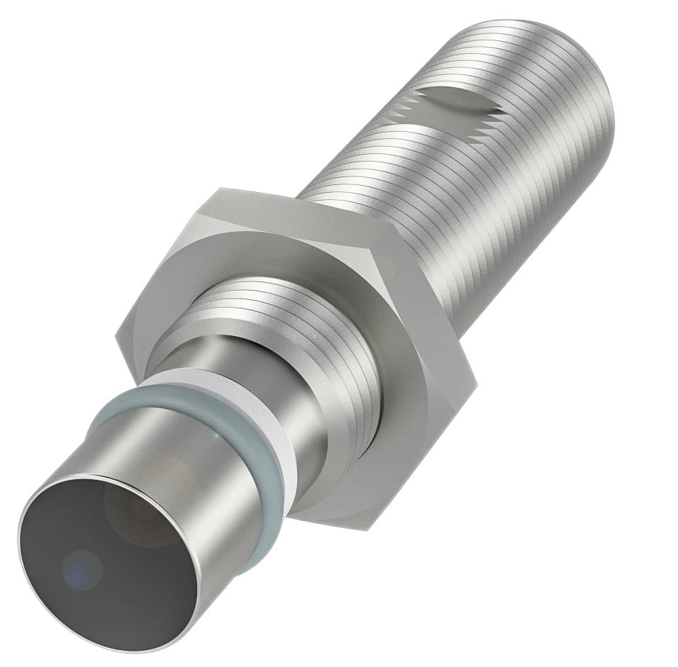 Ein zylindrischer Induktivsensor aus Metall mit einem Gewinde und einer grünen Kappe. Verwendet zur Erkennung von Objekten ohne Kontakt.