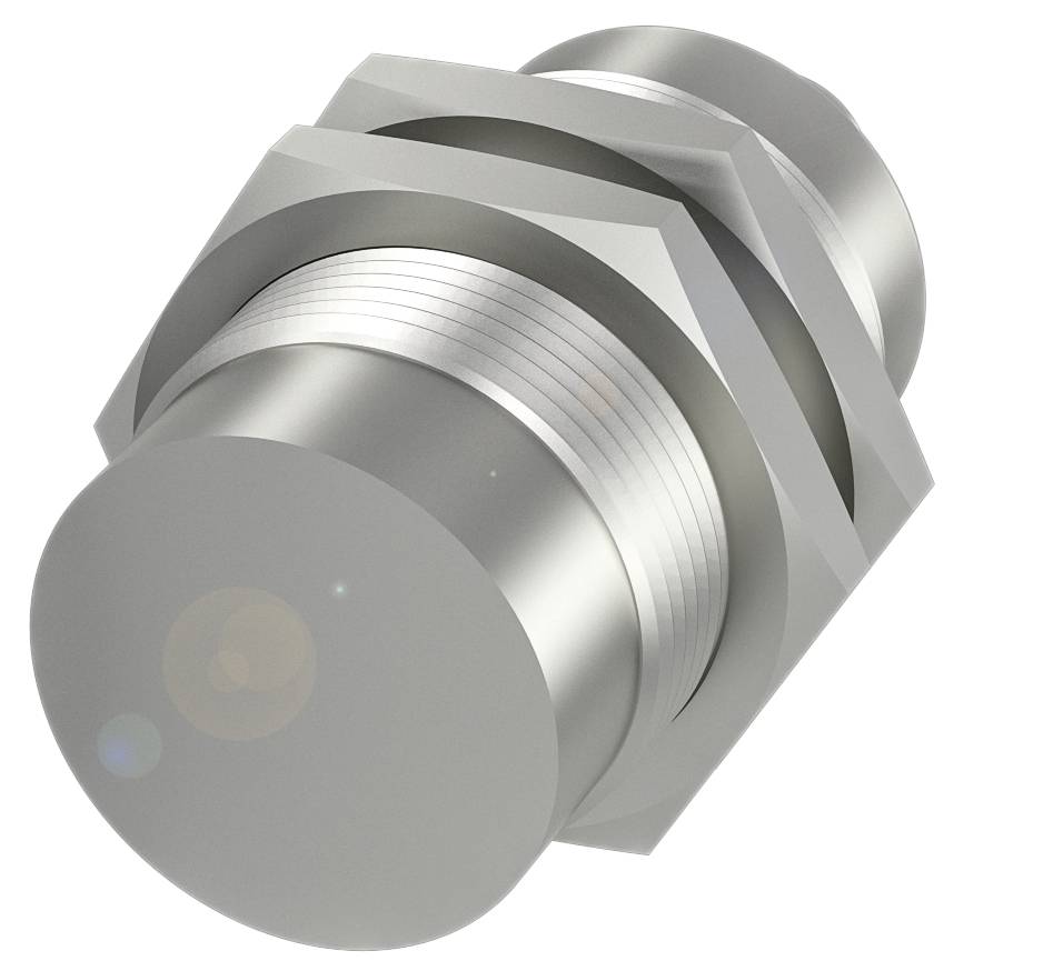 Ein silberner zylindrischer Metallgegenstand mit geripptem Mittelteil und sechseckiger Basis, möglicherweise ein technisches Bauteil.