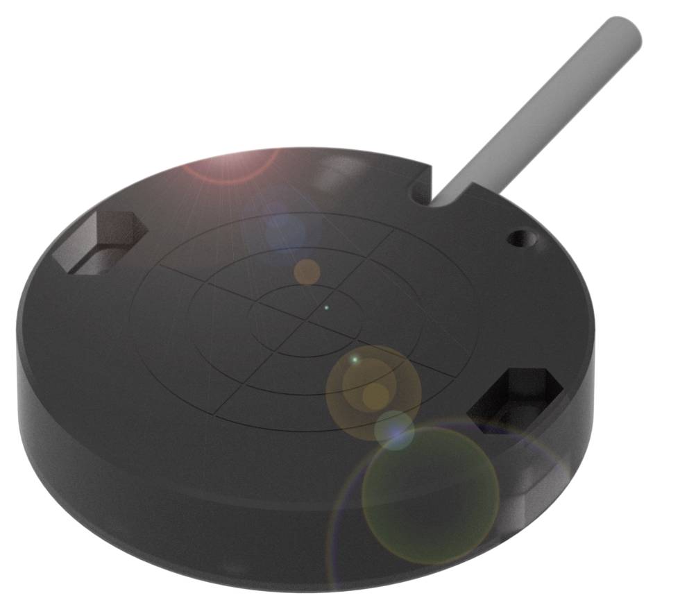 Ein runder, schwarzer Sensor mit einem hervorstehenden, zylindrischen Stab; wirkt technisch und industriell.