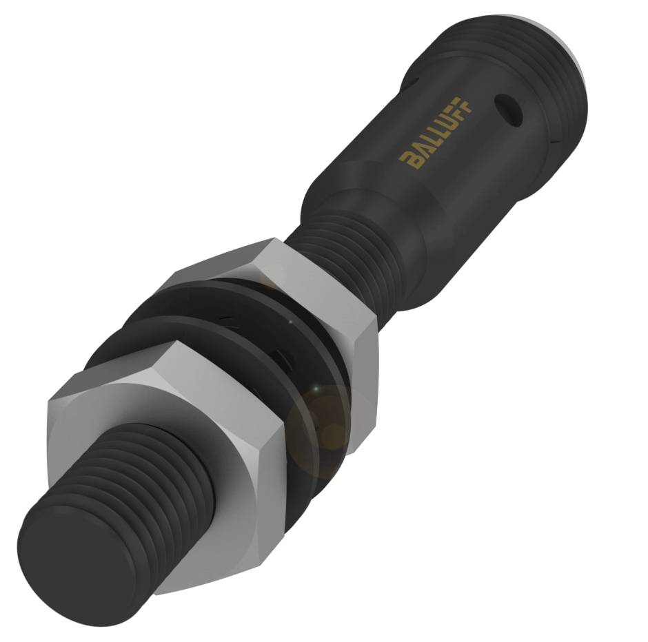 'Balluff' induktiver Näherungssensor in zylindrischer Form mit schwarzem Gehäuse und silbernen Muttern, zur Positionsdetektion.