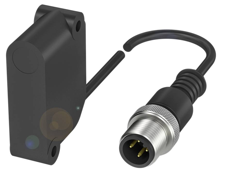Schwarzer elektronischer Sensor mit Kabel und Metallstecker, geeignet für industrielle Anwendungen.