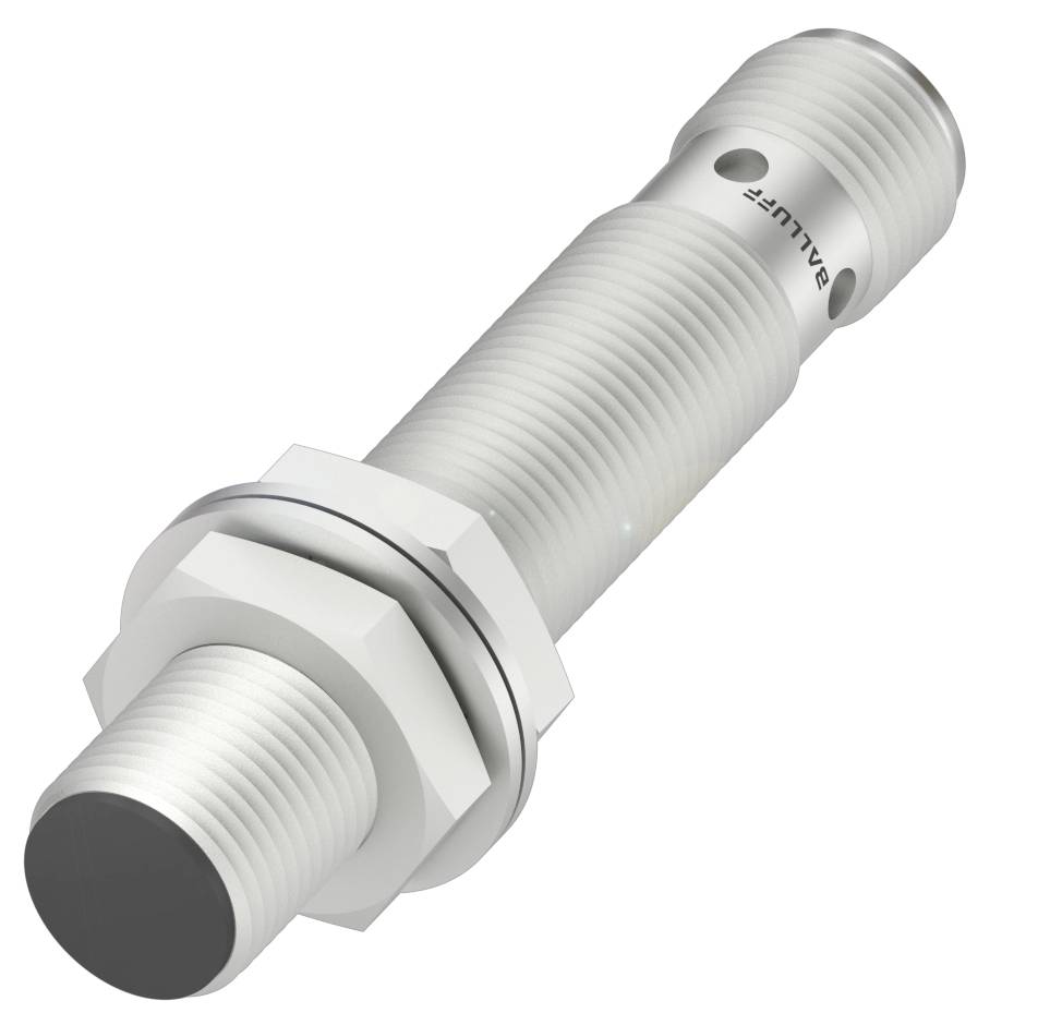 Ein zylindrischer, metallischer Sensor mit Schraubgewinde, Muttern und Kabelanschluss, Markenname auf der Rückseite.