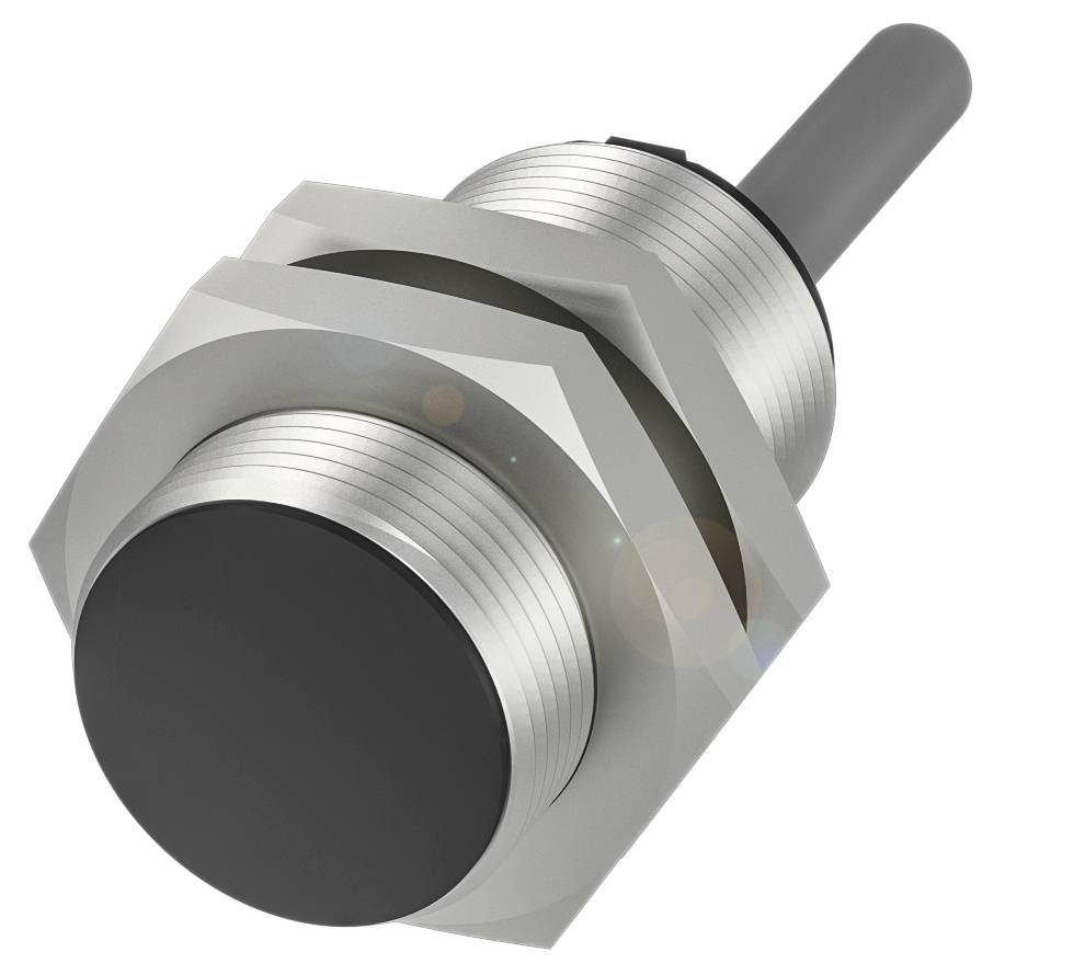 Zylinderförmiger Metallknopf mit sechseckiger Mutter, geeignet für mechanische Anwendungen oder als Schalter in technischen Geräten.