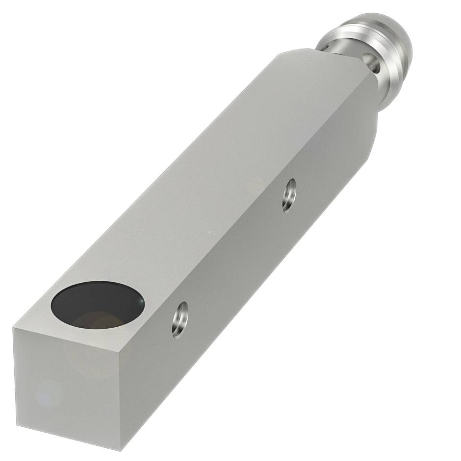 Ein silbernes, rechteckiges Metallteil mit zylindrischem Anschluss am Ende, möglicherweise ein Maschinenelement oder Adapter.