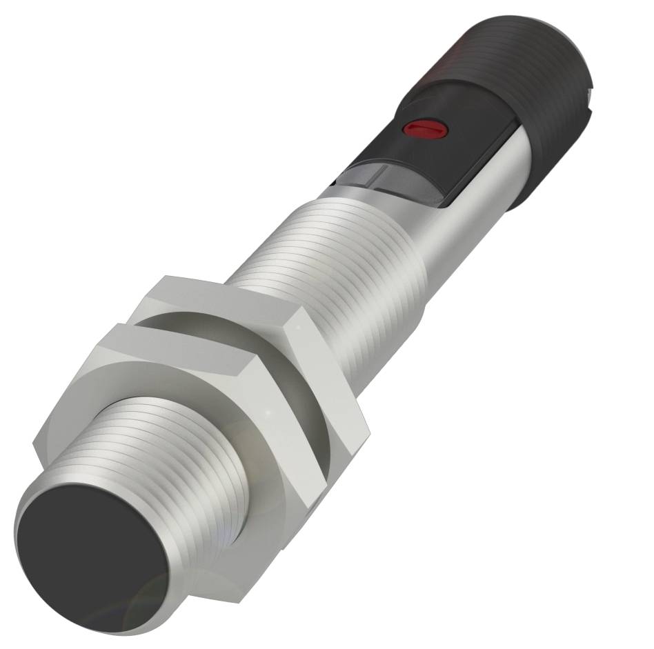Zylindrischer induktiver Sensor mit Metallgewinde und schwarzem Kunststoffkopf, rotem Kontrollschalter an der Oberseite.