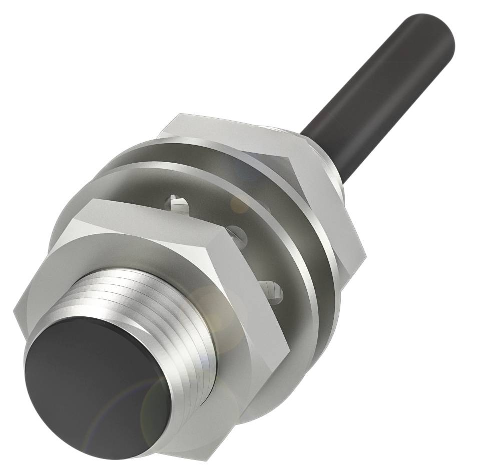 Silberner zylindrischer Sensor mit Schraubgewinde, schwarzer Spitze und Kabelanschluss, vor weißem Hintergrund.