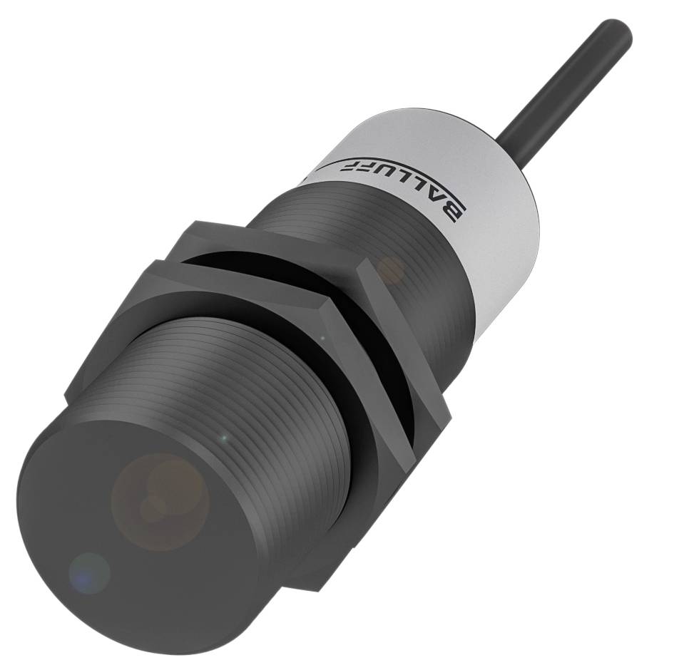 Ein zylindrischer Sensor mit Kabelanschluss und Schraubgewinde. Oberes Ende mit Firmenlogo und schwarzes Gehäuse.