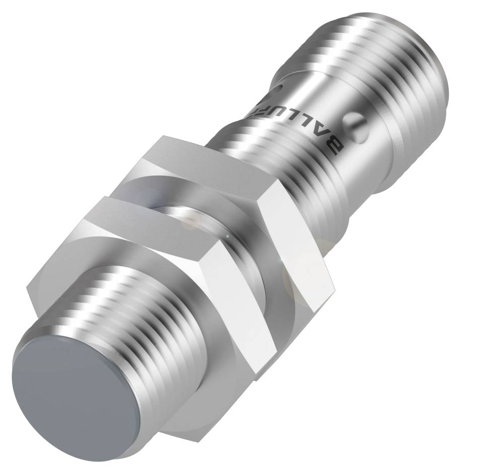 Ein zylindrischer, silberner, metallischer Sensor mit Gewinde und sechseckiger Mutter. Der Sensor zeigt nach links.