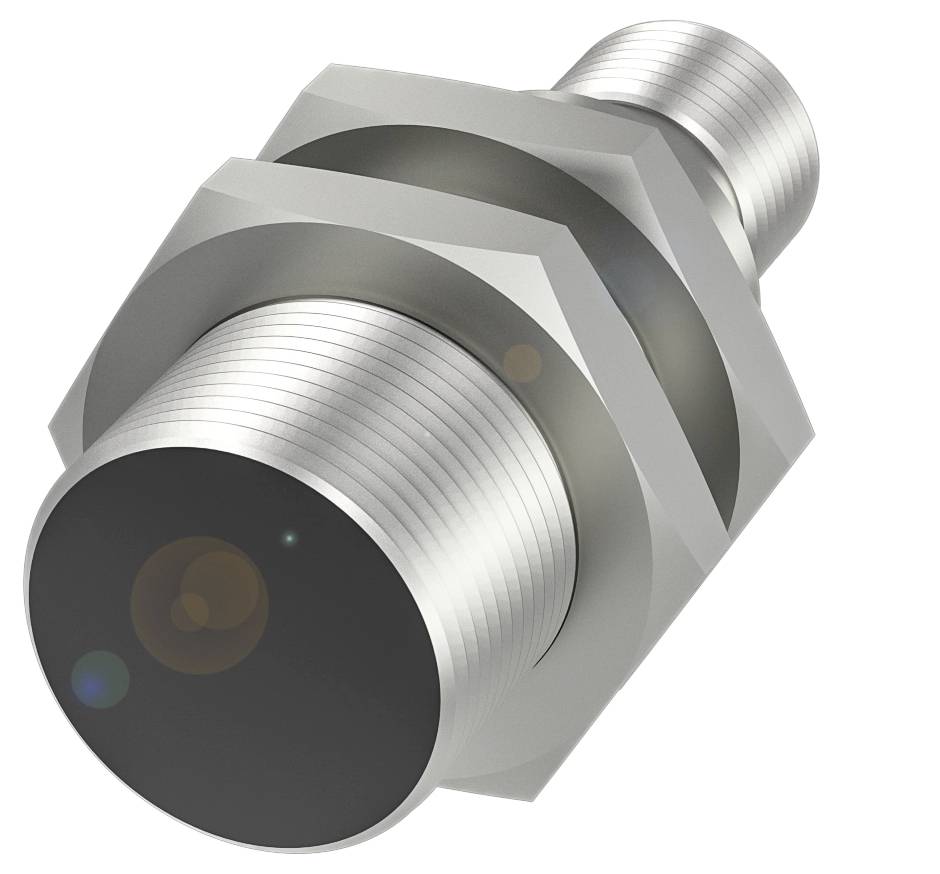 Zylindrischer Näherungssensor aus Metall mit einem gerippten Gehäuse und mattem vorderen Bereich; oft in industriellen Anwendungen verwendet.