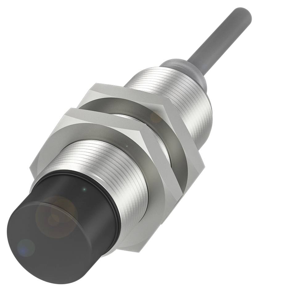Ein zylindrischer Näherungssensor aus Metall mit zwei Sechskantmuttern und einem schwarzen Sensorende. Geeignet zur Erkennung von Objekten in automatisierten Systemen.