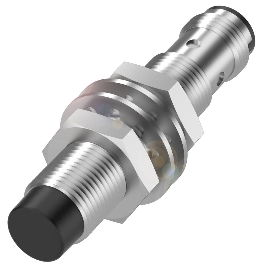 Ein zylindrischer, metallischer Sensor mit Gewinde und schwarzer Spitze, geeignet für industrielle Anwendungen.