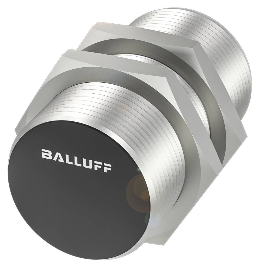 Zylindrischer Induktivsensor aus Metall mit der Aufschrift 'Balluff' auf der Vorderseite. Verwendet zur Objekterkennung in industriellen Anwendungen.