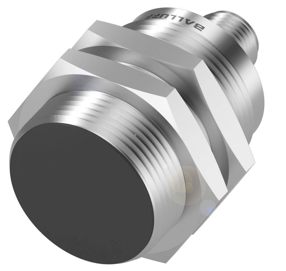 Industriesensor aus Metall mit Gewinde, möglicherweise ein Näherungssensor. Oberseite schwarz, Schraubanpassungen an der Seite.