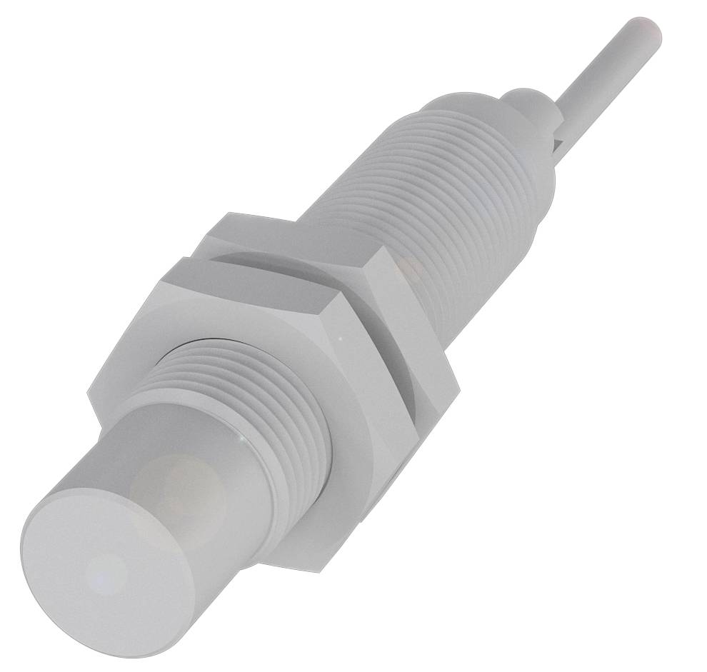 Ein zylindrischer Sensor mit Gewinde und Kabelanschluss.
