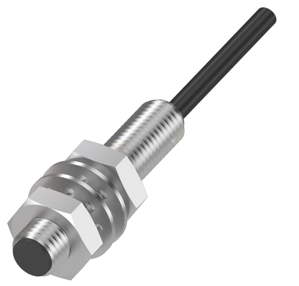 Ein zylindrischer Induktionssensor aus Metall mit einem schwarzen Kabel an einem Ende. Hauptsächlich in der Industrieautomation verwendet.