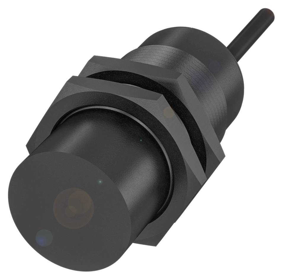 Ein schwarzer zylindrischer Sensor mit Gewinde, Kabelanschluss und Befestigungsmutter. Wird oft zur Objekterkennung verwendet.