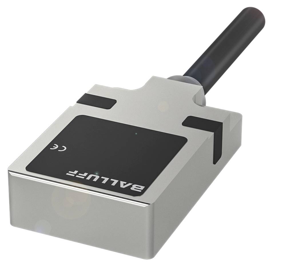 Ein elektronisches Sensorgerät mit einer quadratischen, silbernen Oberfläche und einem schwarzen Bereich, darauf ist 'BALLUFF' beschriftet.