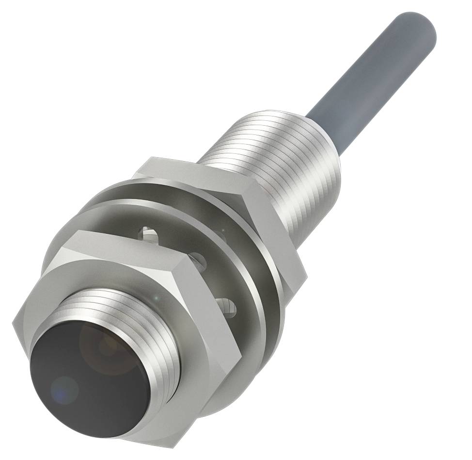 Ein zylindrischer Annäherungssensor aus Metall mit Anschlusskabel, verwendet zur berührungslosen Erkennung von Objekten in Industrieanwendungen.