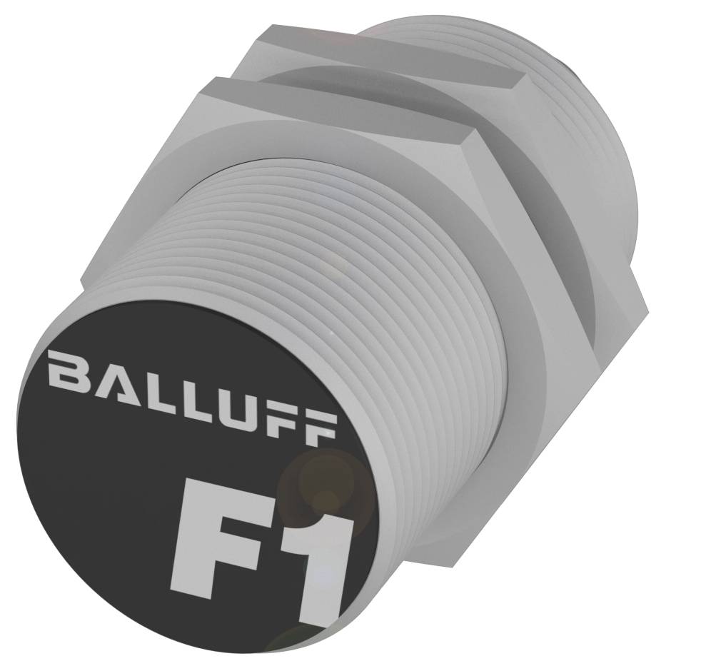 Ein metallischer zylindrischer Sensor mit der Aufschrift 'Balluff F1' auf der Vorderseite.