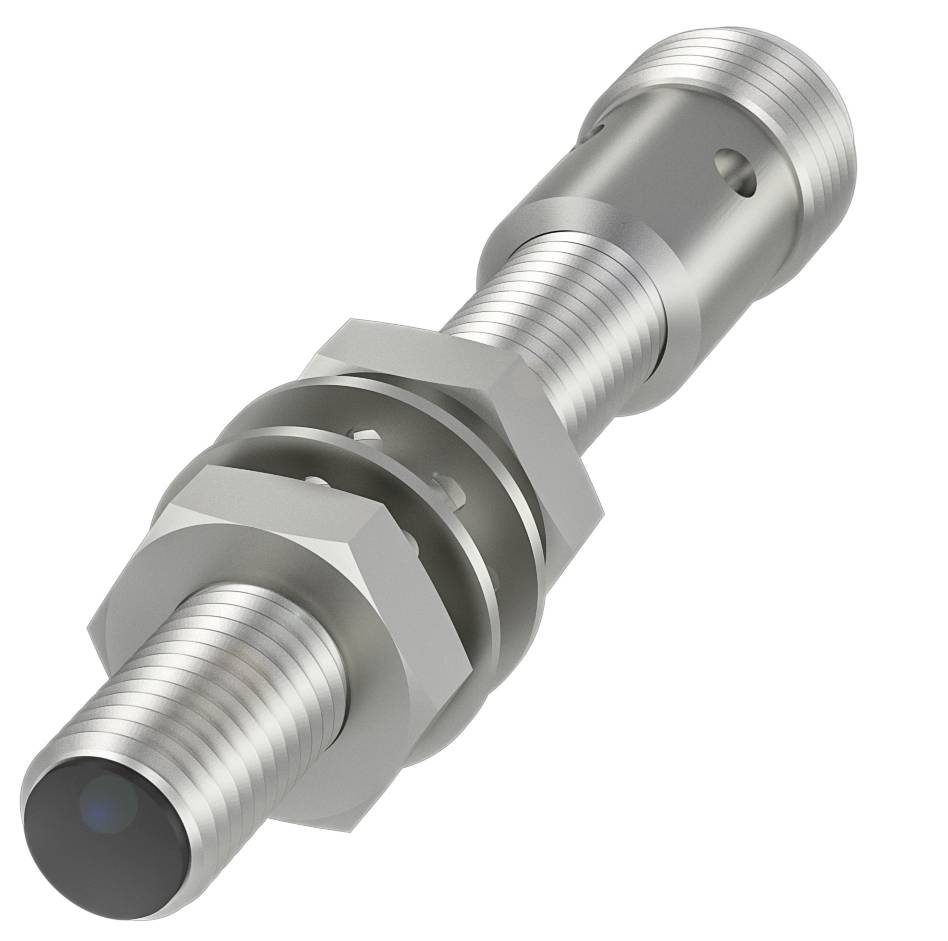 Ein zylindrischer Metallsensor mit Gewinde und zwei Muttern. Er ist für industrielle Anwendungen konzipiert, rostfreier Stahl.