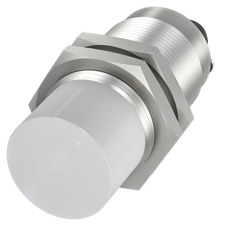 Ein zylindrischer metallbeschichteter Sensor mit Gewinde und Kunststoffkappe, geeignet für Montage in technischen oder industriellen Anwendungen.