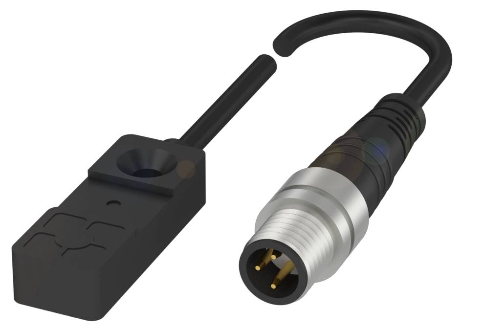 Ein schwarzer Sensorkopf neben einem silbernen Rundstecker mit schwarzen Kabeln; beide Komponenten gehören zu einem elektrischen Verbindungssystem.